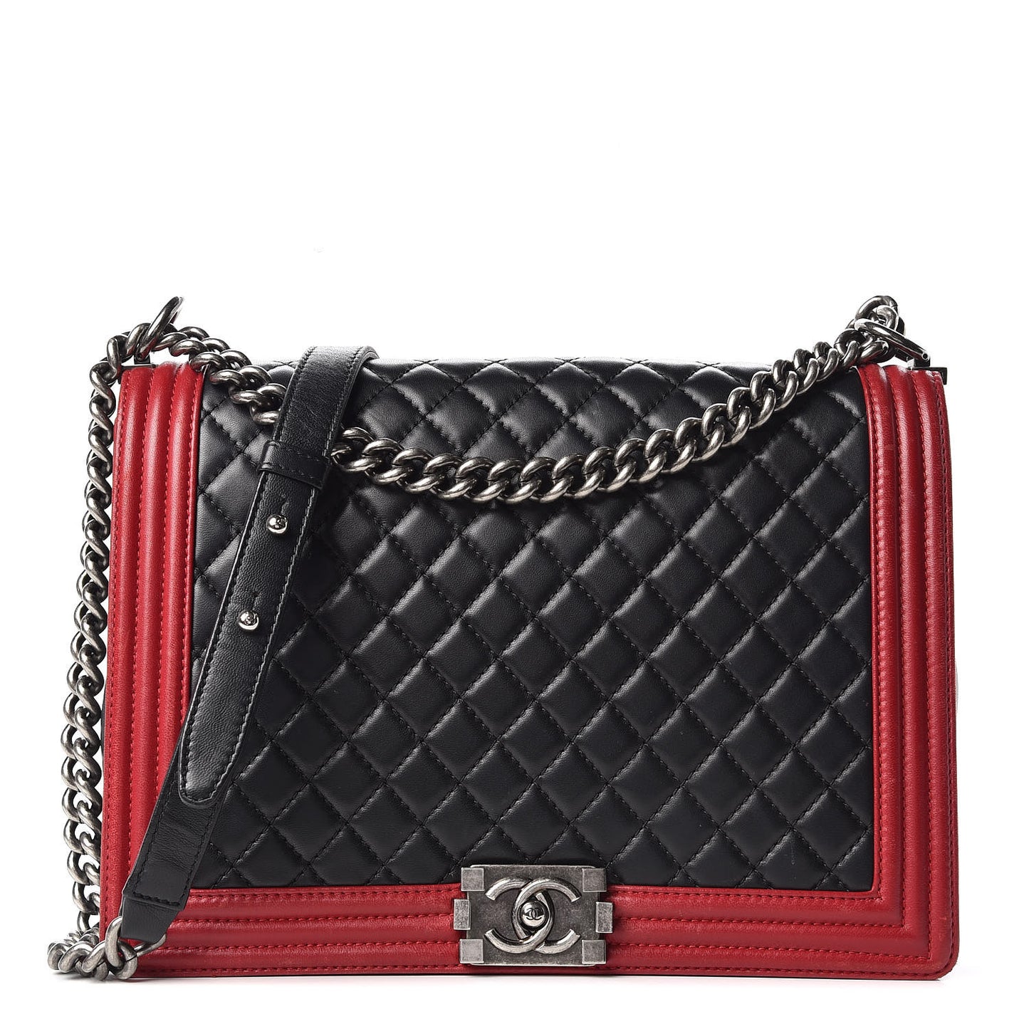 Lambskin Quilted Large Boy Flap Black Red