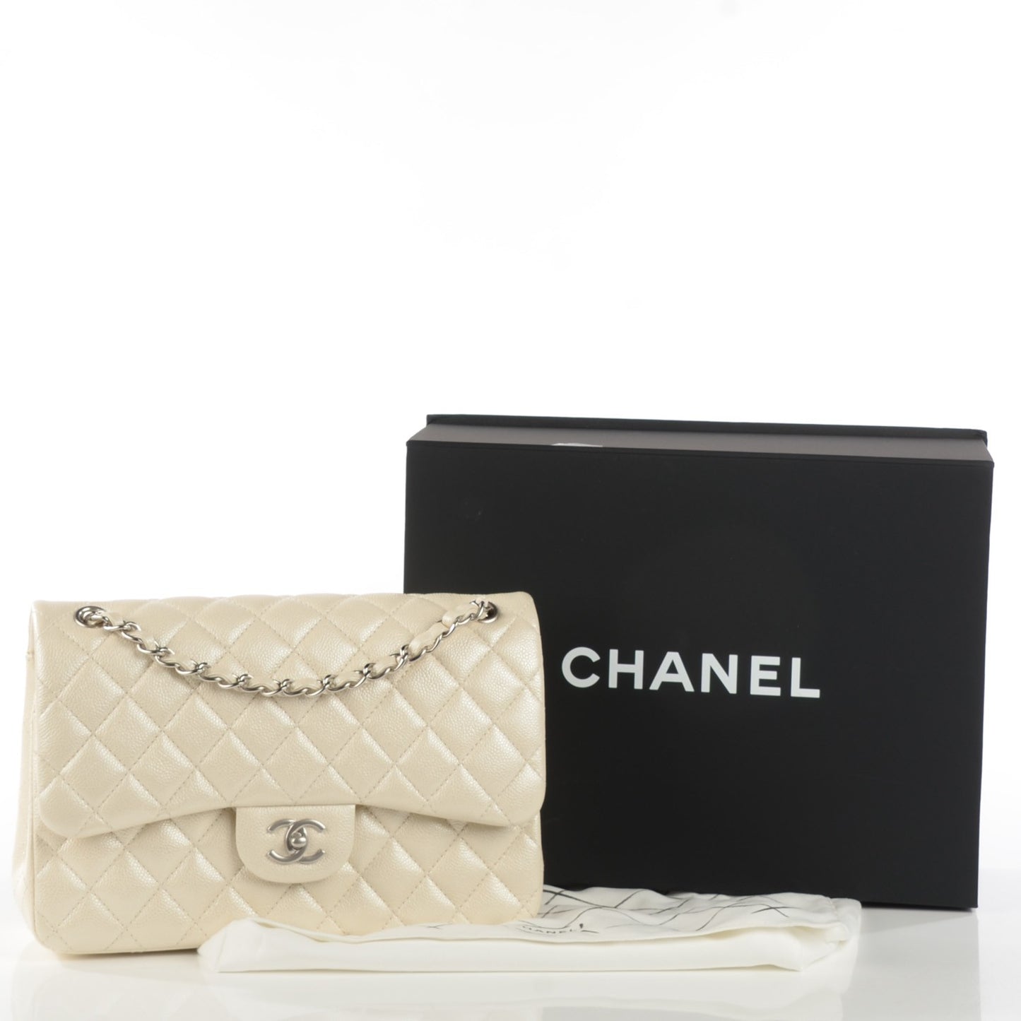 Pearly Caviar Quilted Jumbo Double Flap Dark White