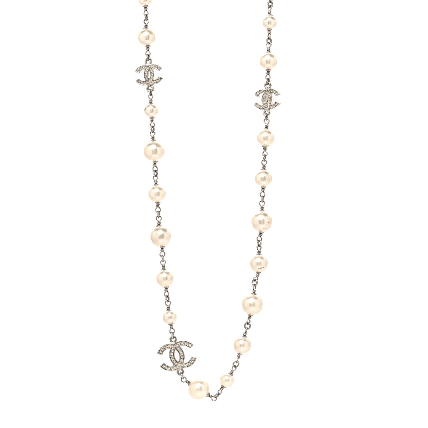 Graduated Pearl Crystal CC Long Necklace Silver
