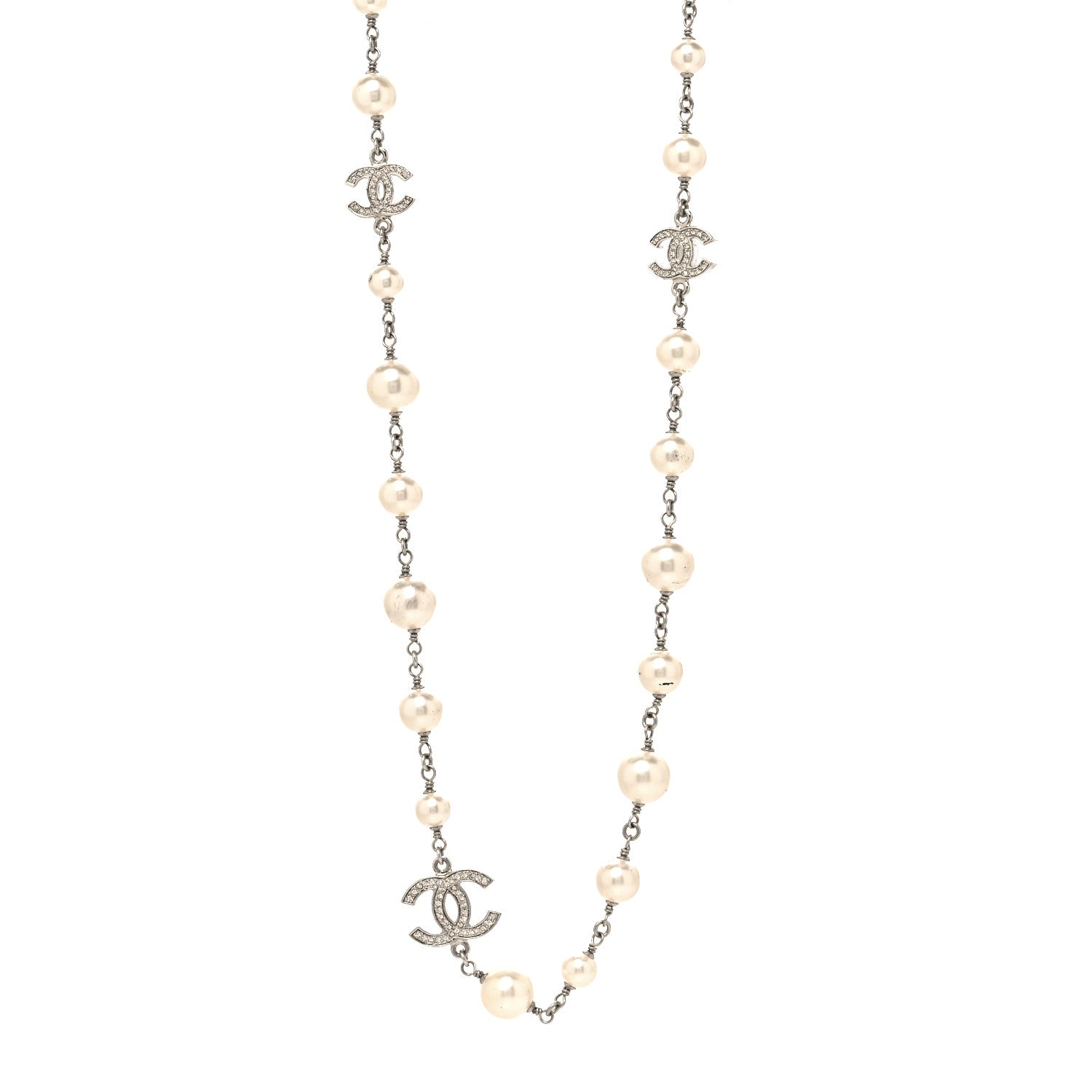 Chanel Graduated Pearl Crystal CC Long Necklace Silver 1 of 5