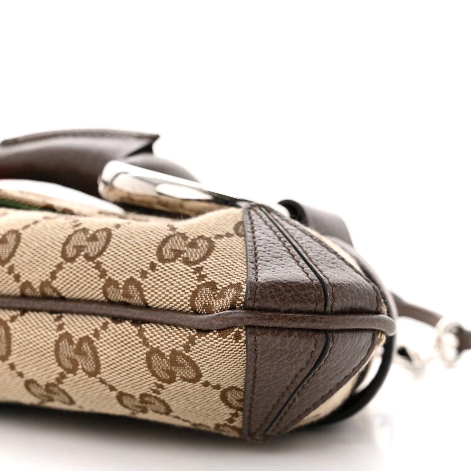 Gucci Monogram Textured Dollar Calfskin Heavy Grosgrain Web Medium Maxi Horsebit Chain Shoulder Bag Beige Ebony New Acero 9 of 9