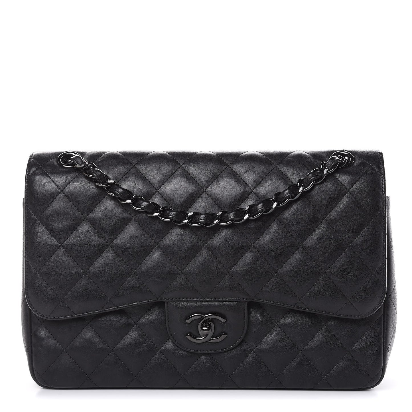 Crumpled Calfskin Quilted Jumbo Double Flap So Black