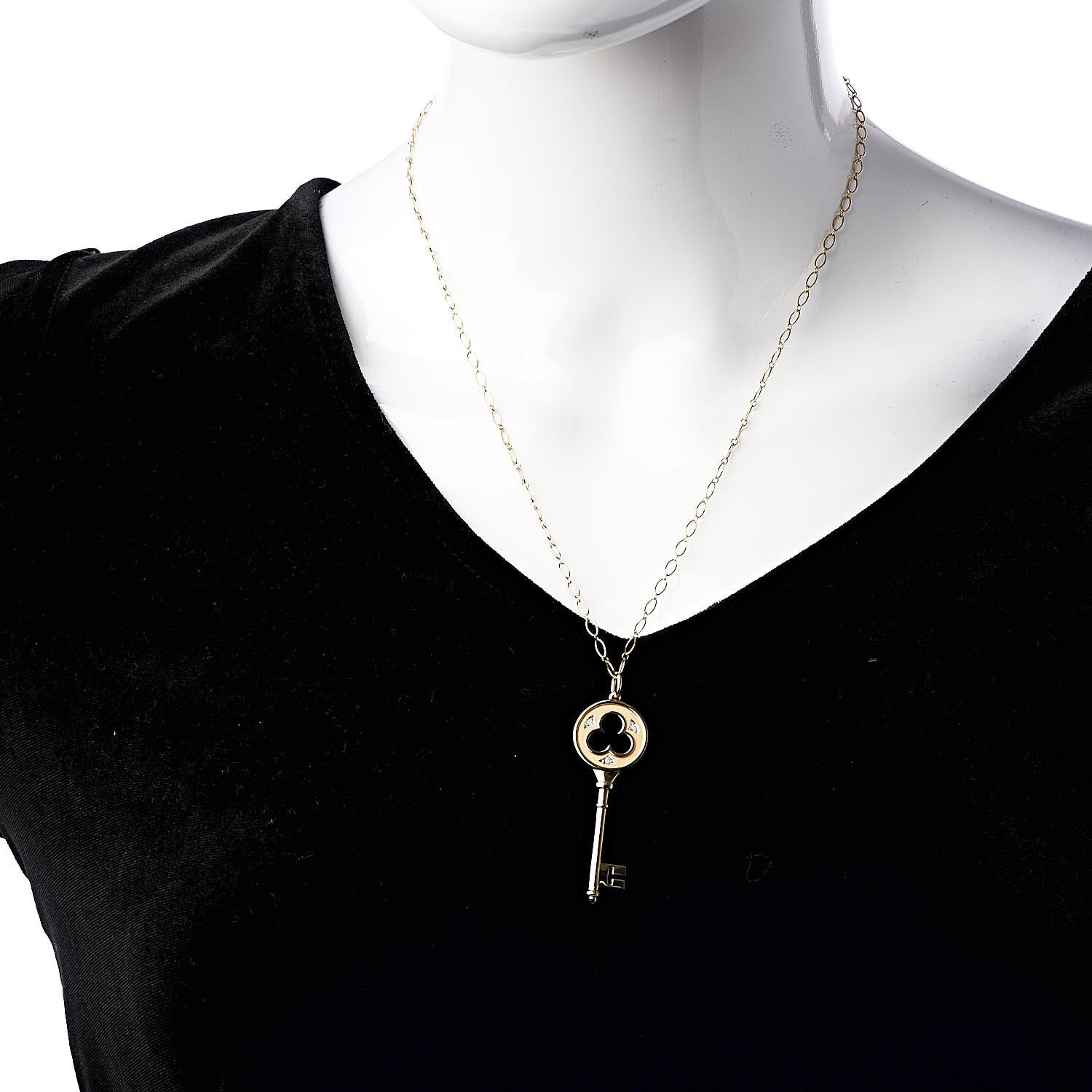 Tiffany 18K Yellow Gold Diamond Clover Key Pendant Necklace 2 of 6