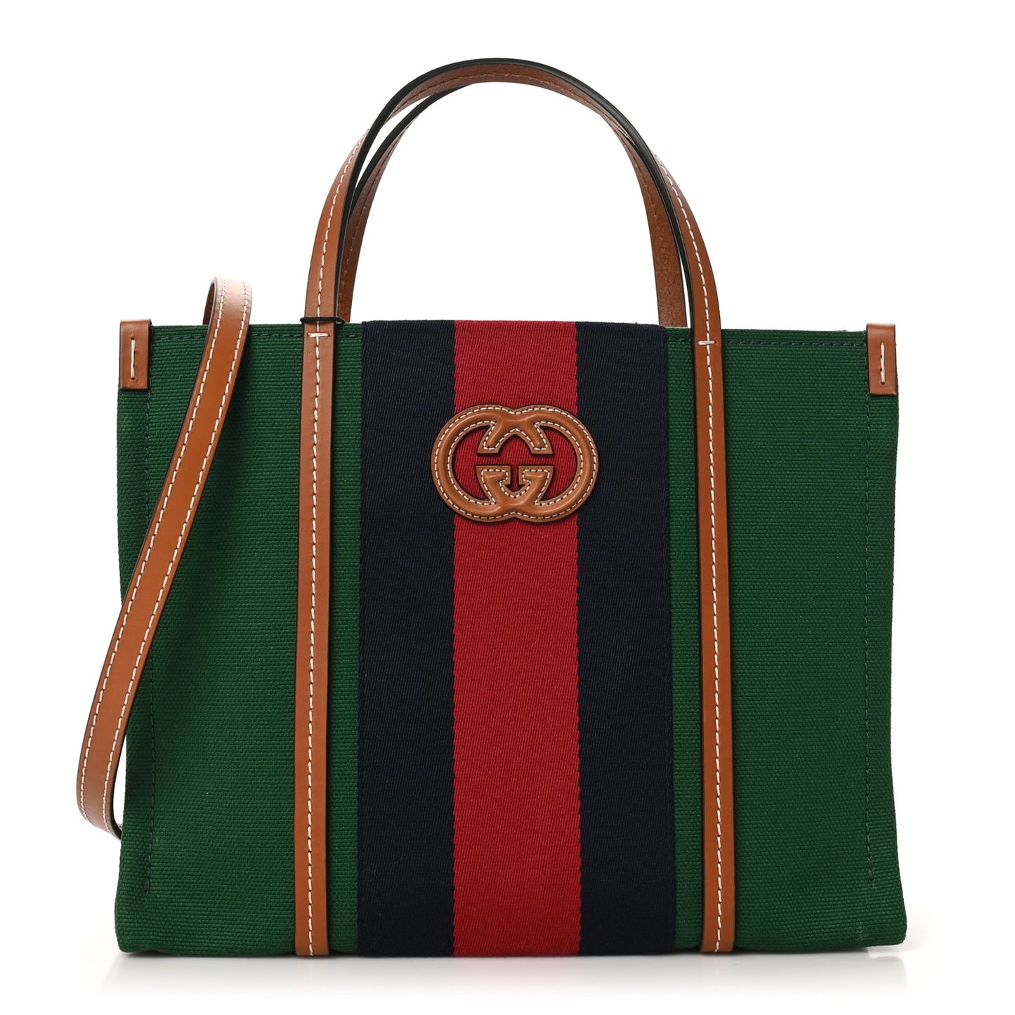 Mountain Canvas Calfskin Web Small Interlocking G Tote Bag Turtle Green Hibiscus Red