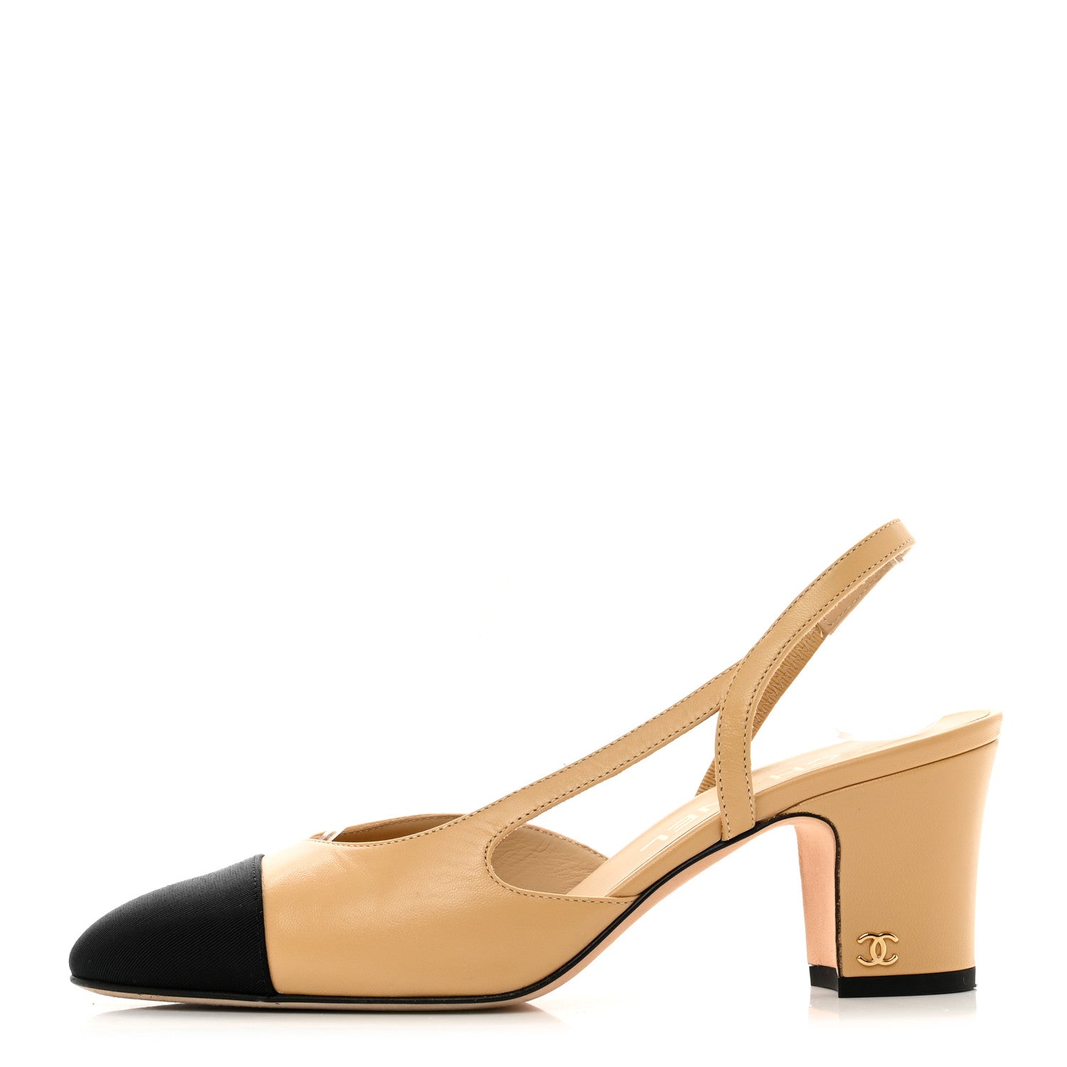 Chanel Lambskin Grosgrain Cap Toe CC Slingback Pumps 36.5 Beige Black 1 of 11