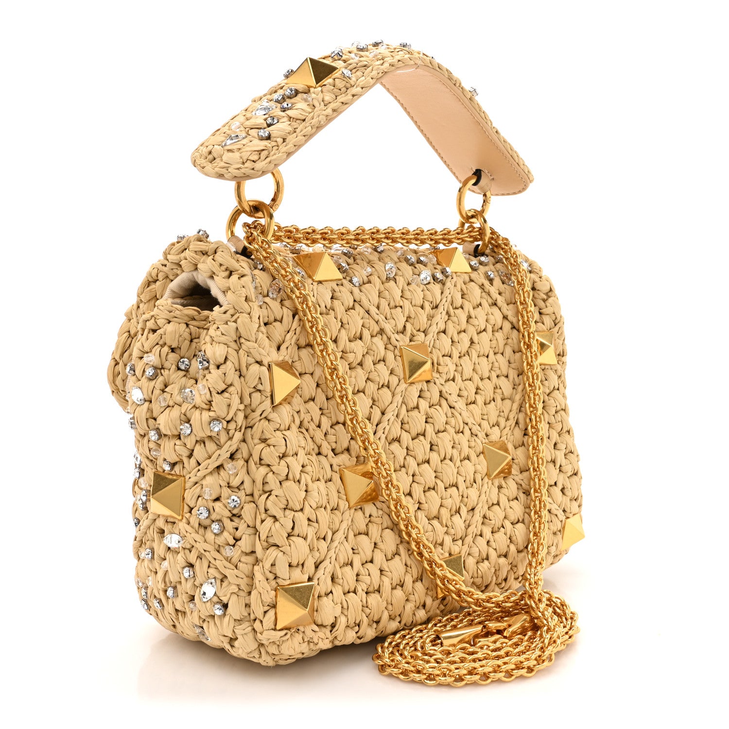 Valentino Garavani Raffia Crystal Medium Roman Stud Shoulder Bag Naturale Crystal 3 of 9