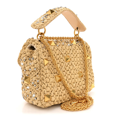 Valentino Garavani Raffia Crystal Medium Roman Stud Shoulder Bag Naturale Crystal 3 of 9