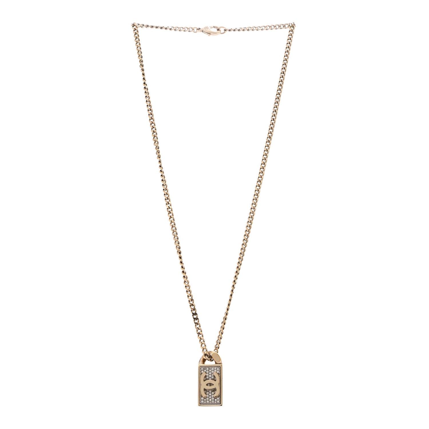 Chanel Crystal Dog Tag Charm Necklace Gold 3 of 7