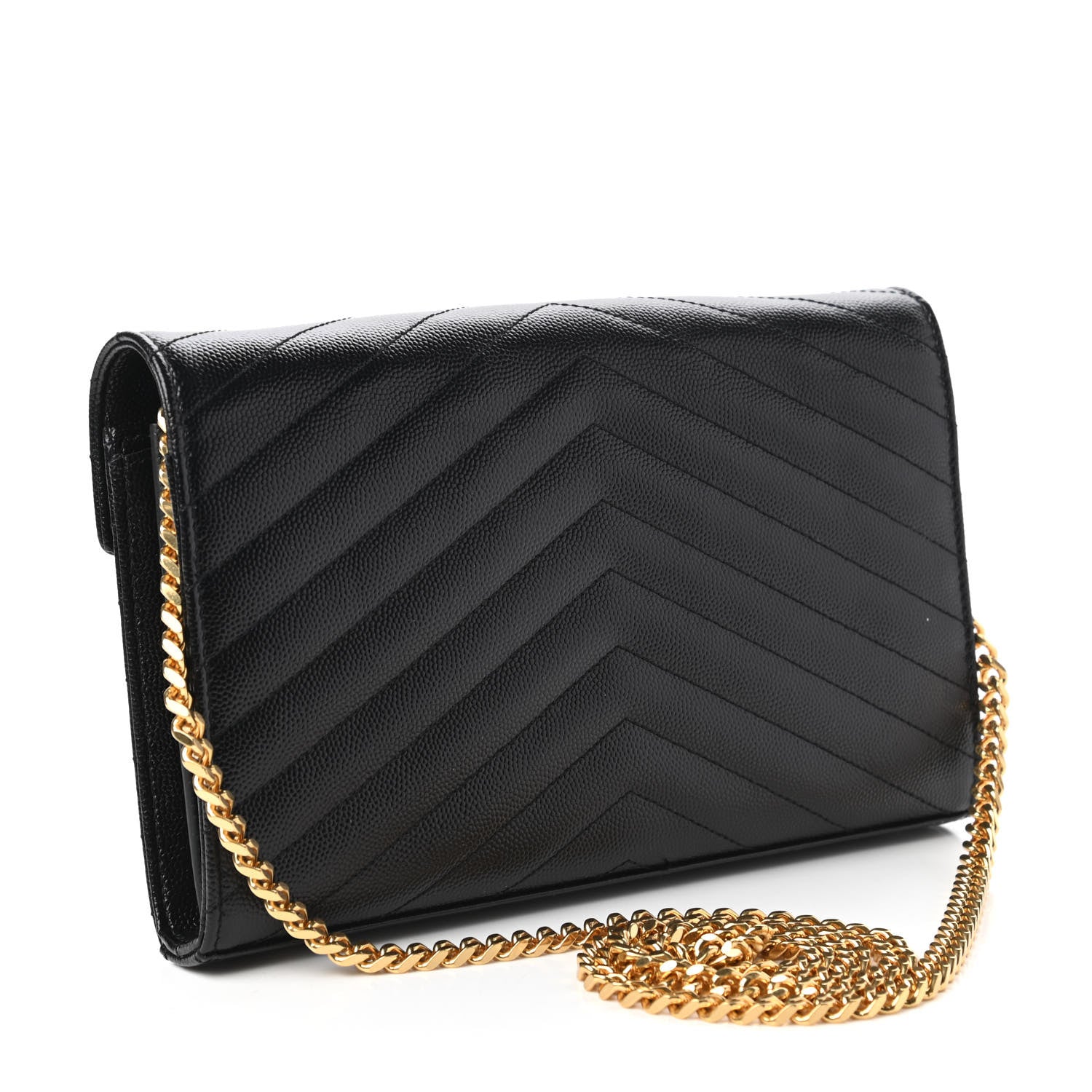 Saint Laurent Grain De Poudre Matelasse Chevron Monogram Chain Wallet Black 3 of 11