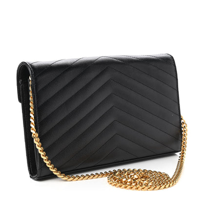 Saint Laurent Grain De Poudre Matelasse Chevron Monogram Chain Wallet Black 3 of 11