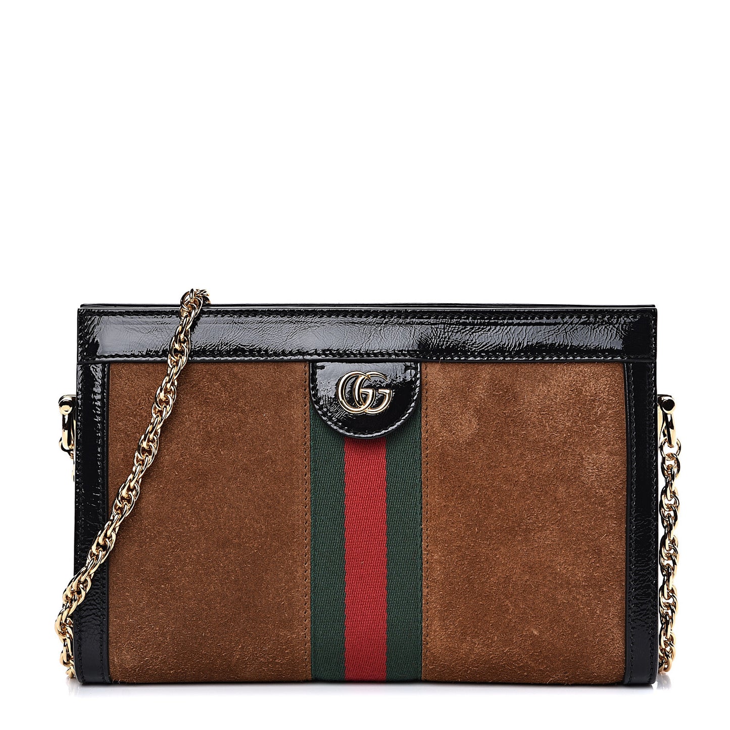Suede Patent Web Small Ophidia Chain Shoulder Bag Nocciola Black