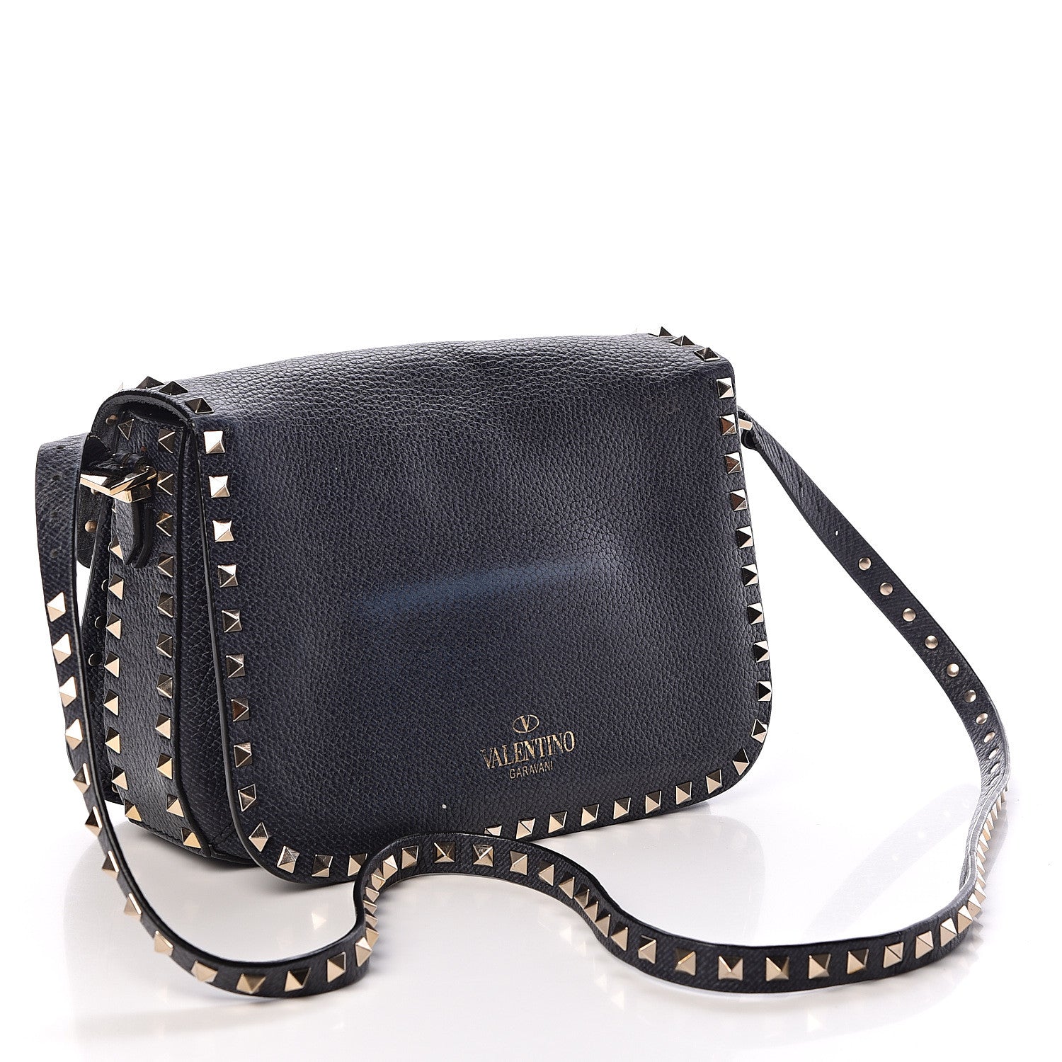 Valentino Garavani Pebbled Calfskin Medium Rockstud Flap Saddle Bag Deep Denim 3 of 11