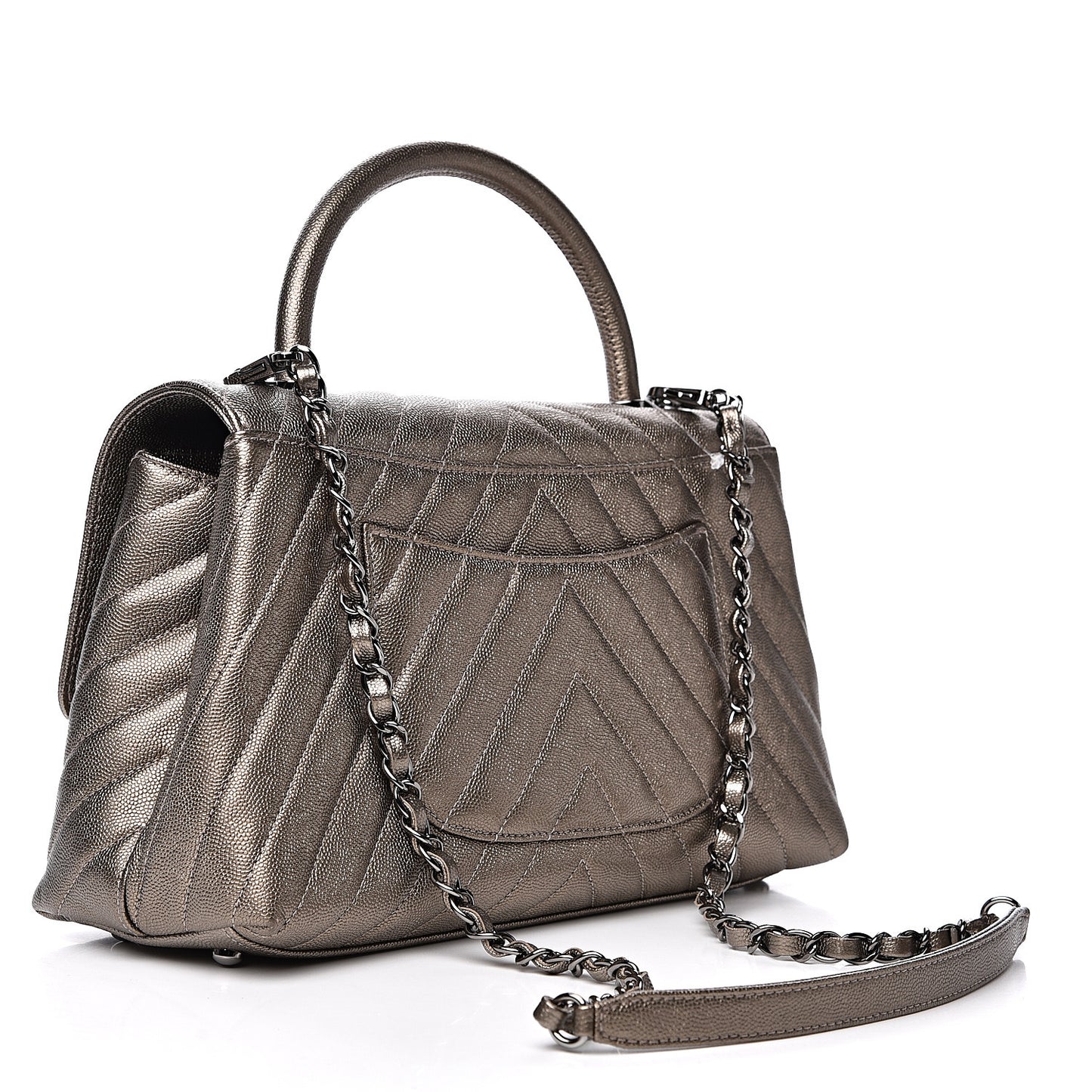 Metallic Caviar Chevron Quilted Small Coco Handle Flap Light Gold