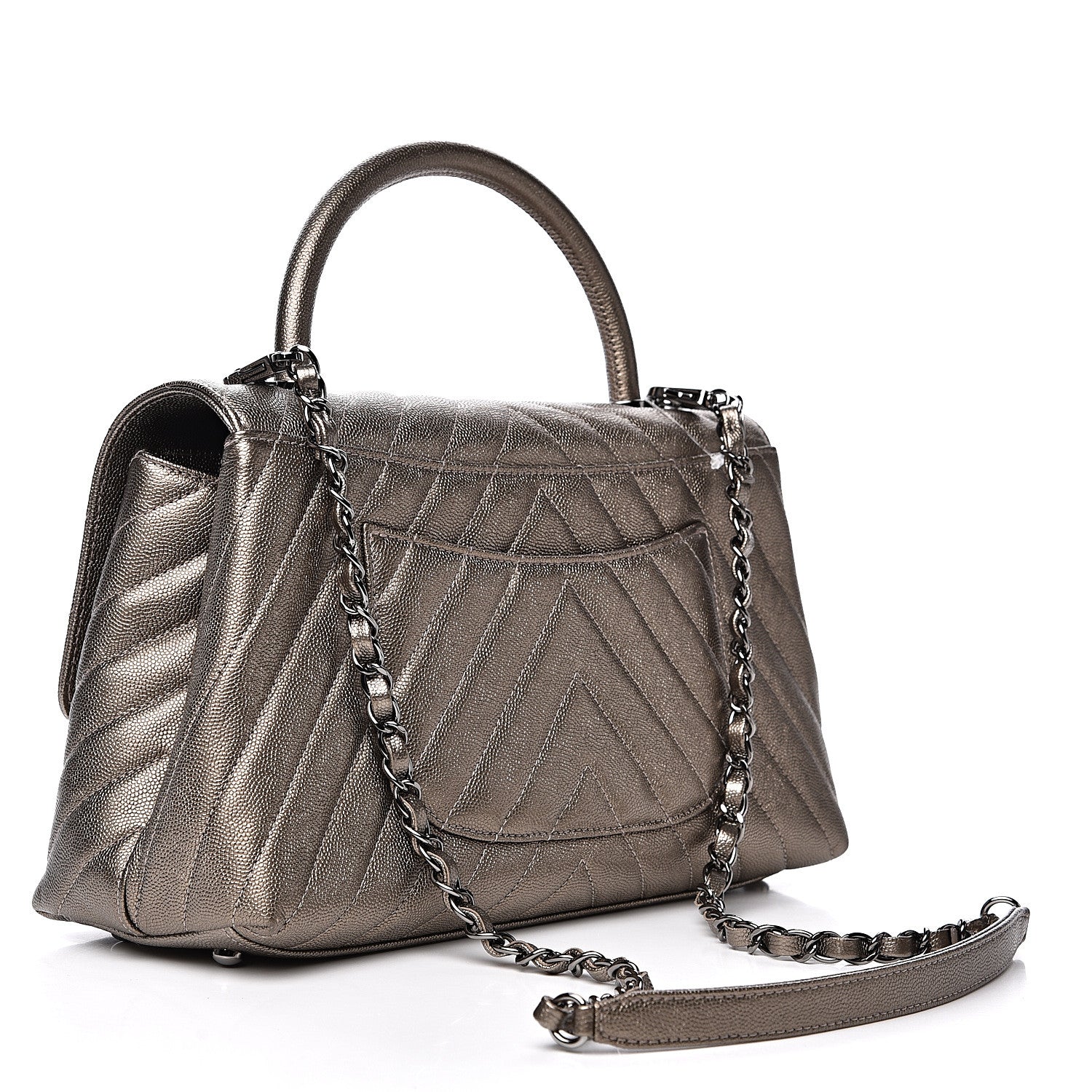 Chanel Metallic Caviar Chevron Quilted Small Coco Handle Flap Light Gold 2 of 11