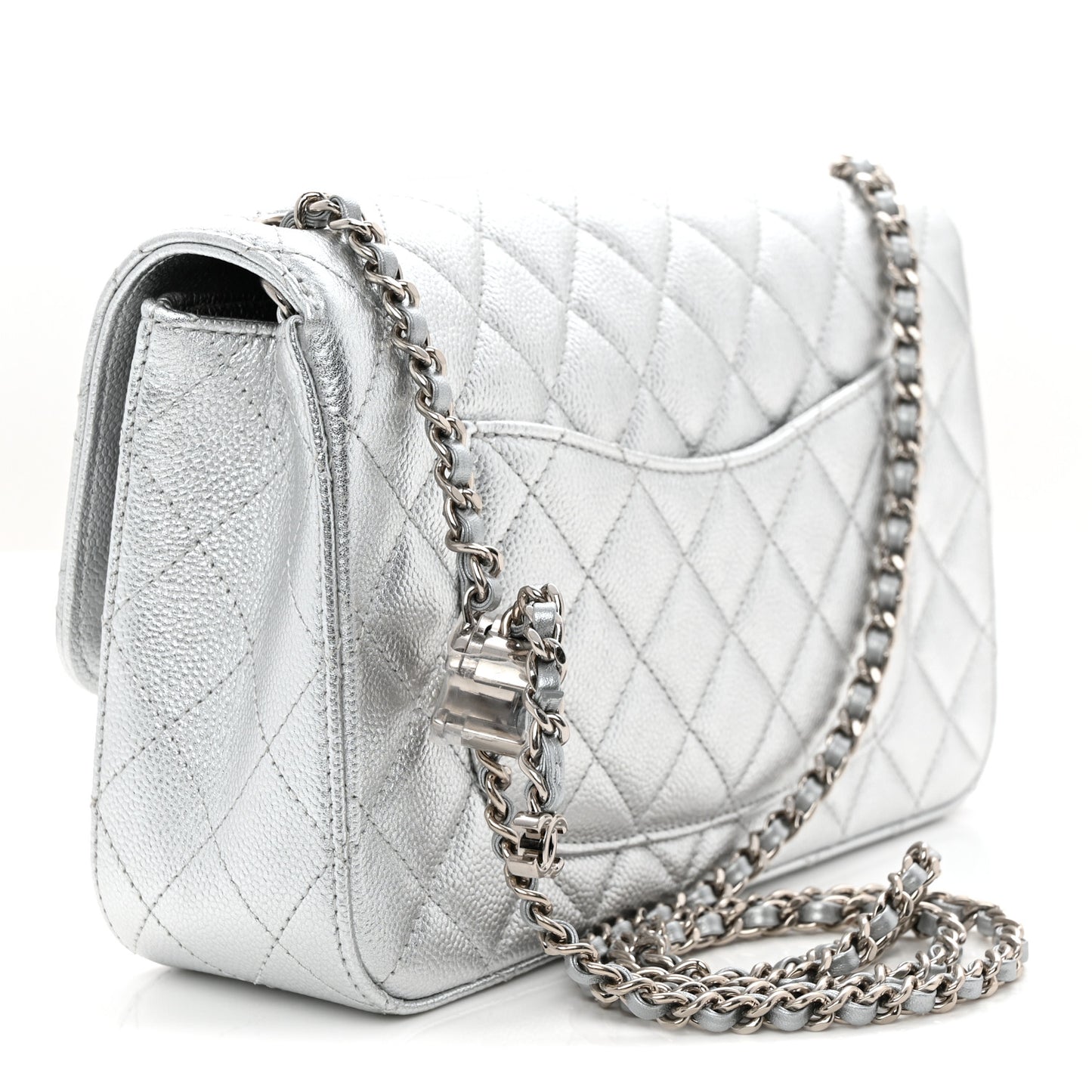 Metallic Caviar Quilted Medium CC Slide Flap Silver