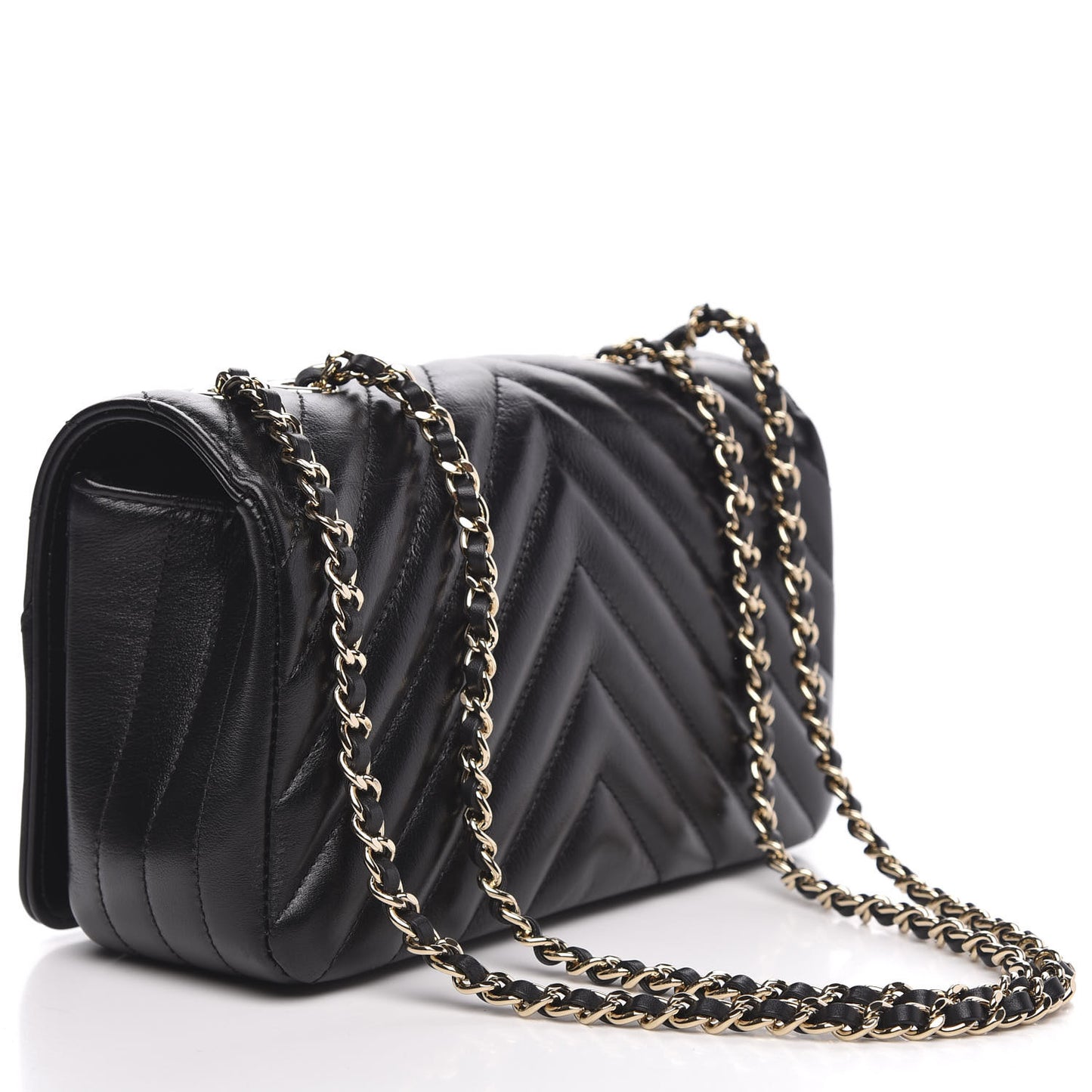 Calfskin Chevron Quilted Mini Statement Flap Black