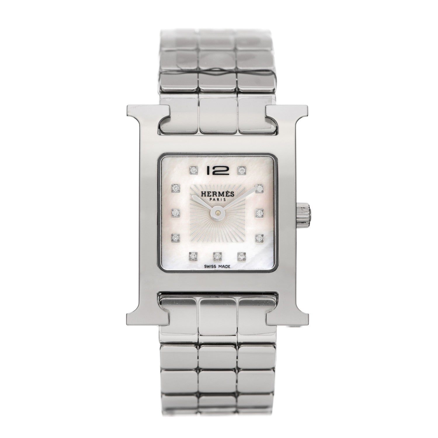 Hermes Stainless Steel Diamond Mother of Pearl 21mm Heure H Hour Quartz Watch 1 of 5