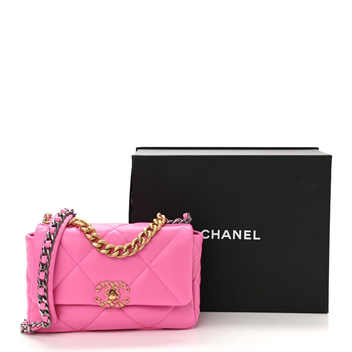 Shiny Lambskin Quilted Medium Chanel 19 Flap Neon Pink