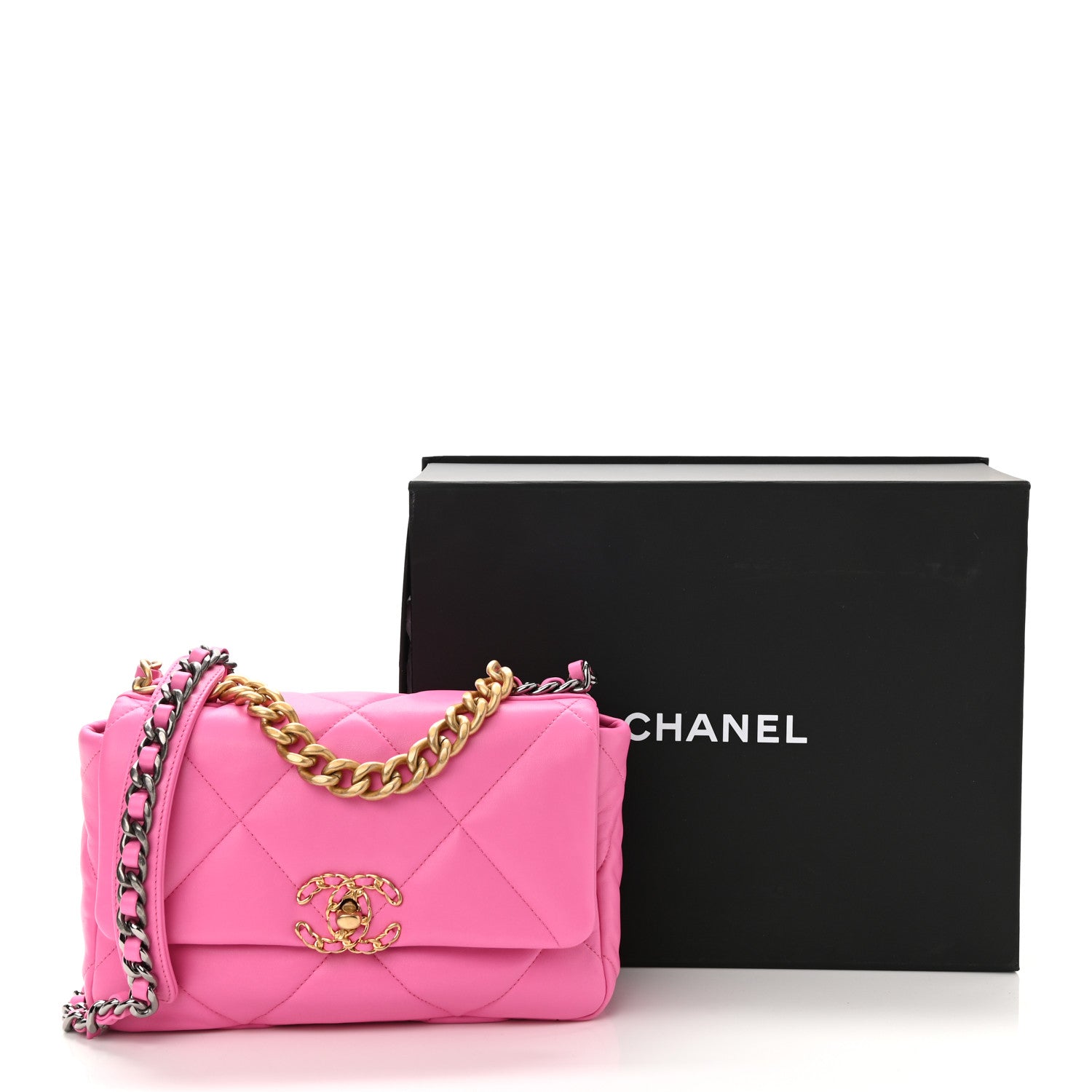 Chanel Shiny Lambskin Quilted Medium Chanel 19 Flap Neon Pink 10 of 10