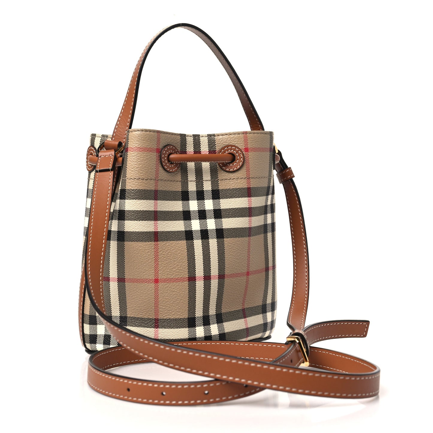 E-Canvas Vintage Check Mini Drawstring Bucket Bag Briar Brown