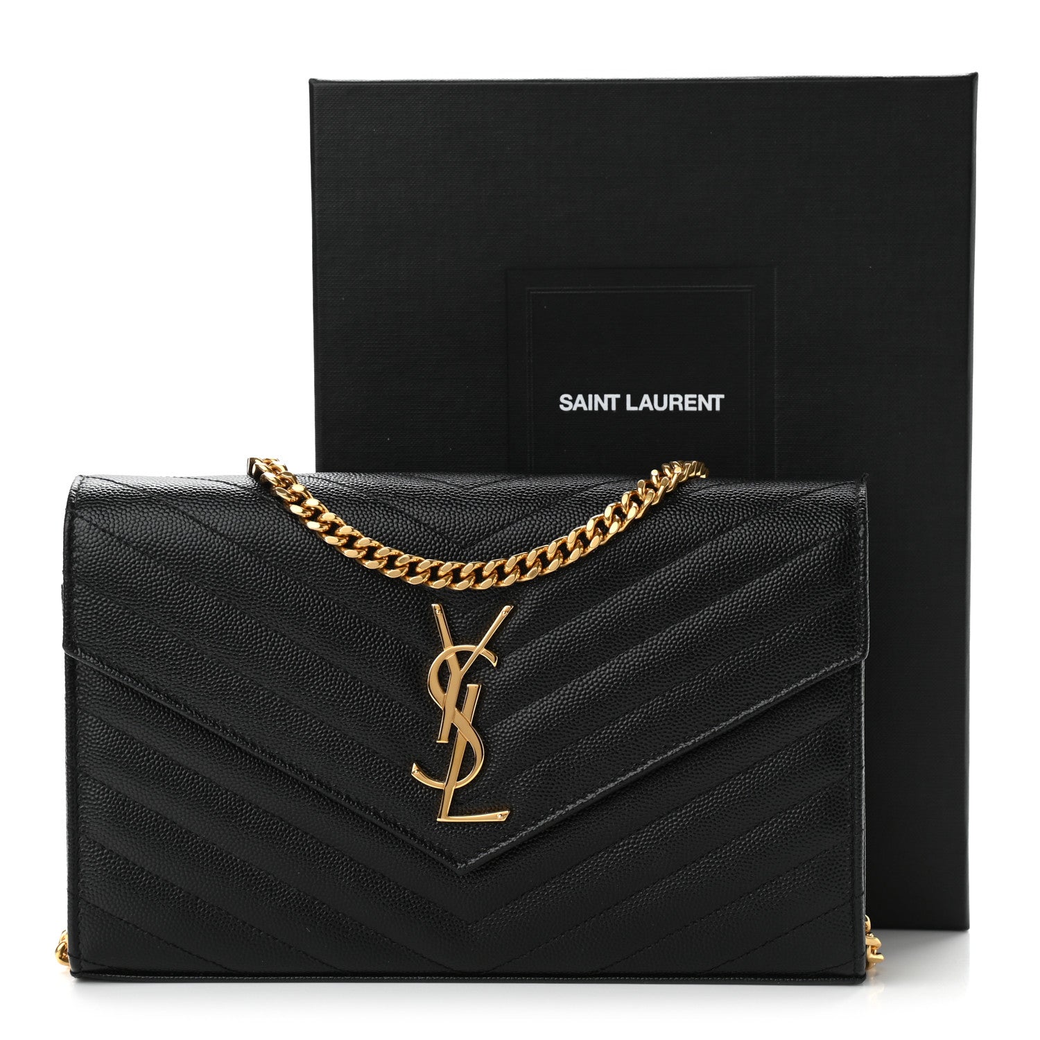 Saint Laurent Grain De Poudre Matelasse Chevron Monogram Chain Wallet Black 11 of 11