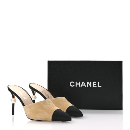 Chanel Suede Grosgrain Cap Toe CC Mules 39 Beige Black 9 of 9