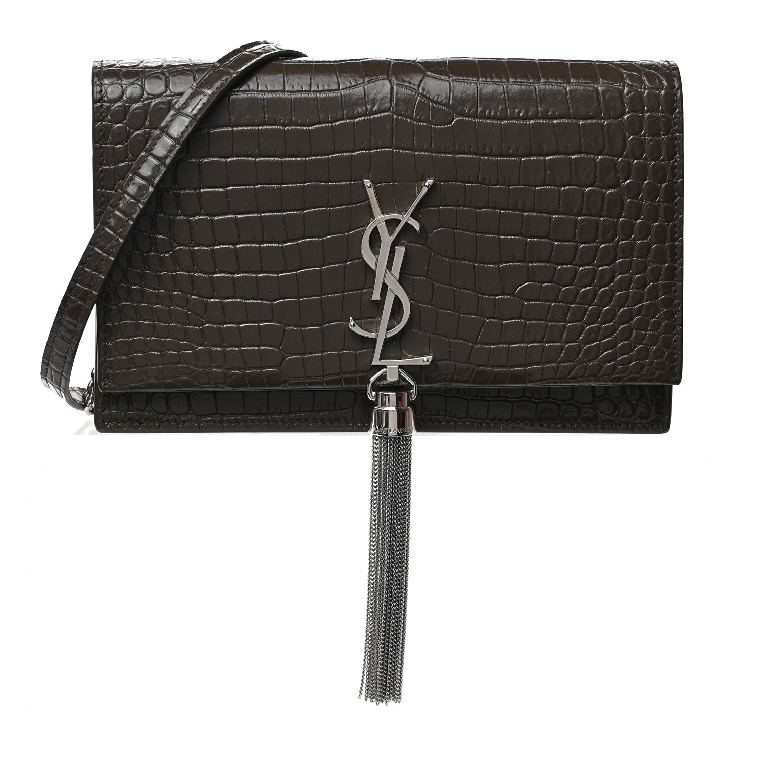 Saint Laurent Calfskin Crocodile Embossed Kate Monogram Tassel Chain Wallet Dark Brown 1 of 8