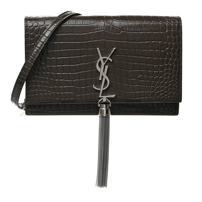 Saint Laurent Calfskin Crocodile Embossed Kate Monogram Tassel Chain Wallet Dark Brown 1 of 8