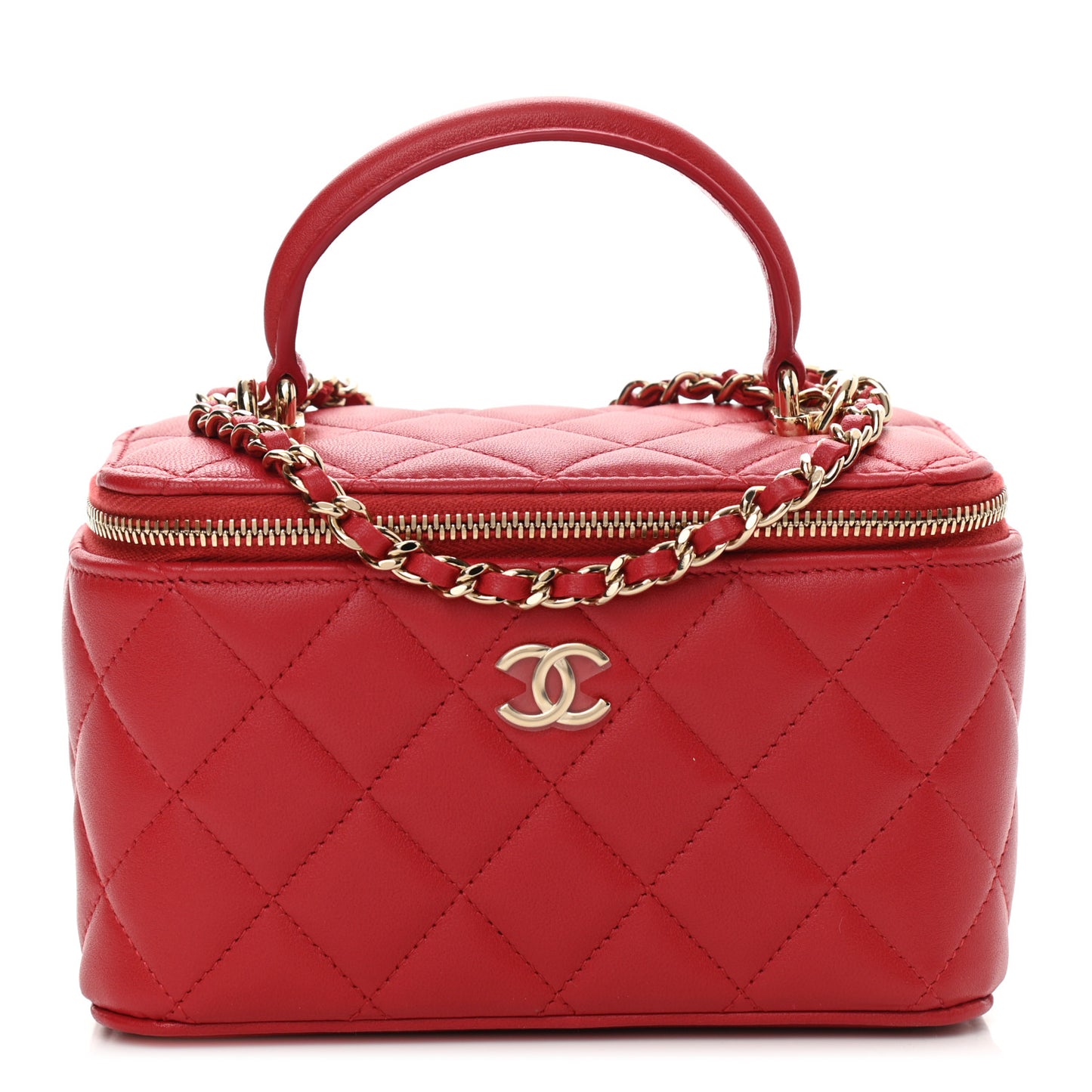 Lambskin Quilted Small Top Handle Vanity Case With Chain Red