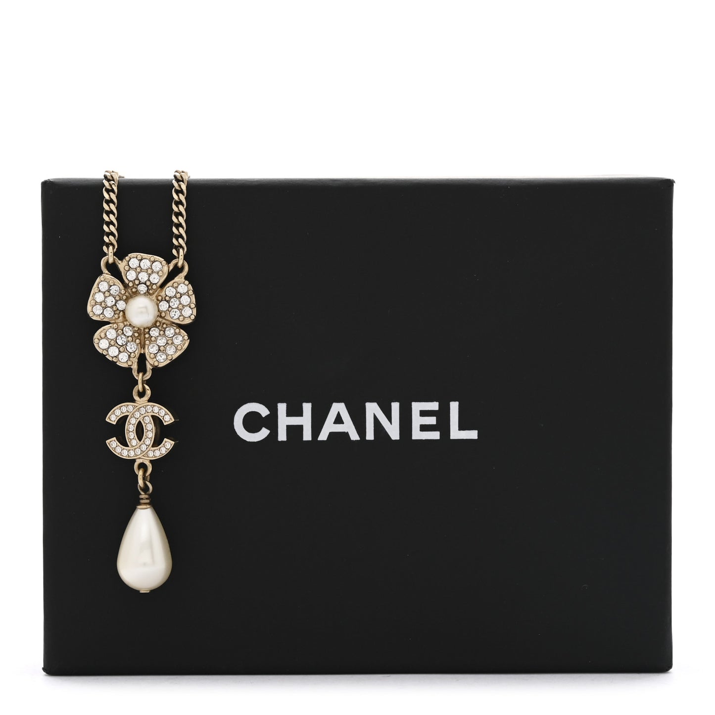 Crystal Pearl CC Flower Drop Necklace Gold