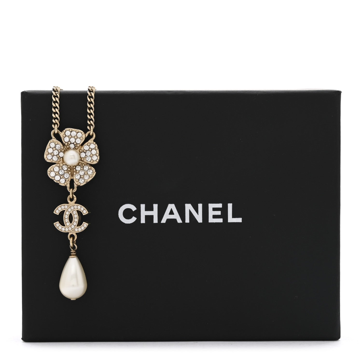 Chanel Crystal Pearl CC Flower Drop Necklace Gold 7 of 7