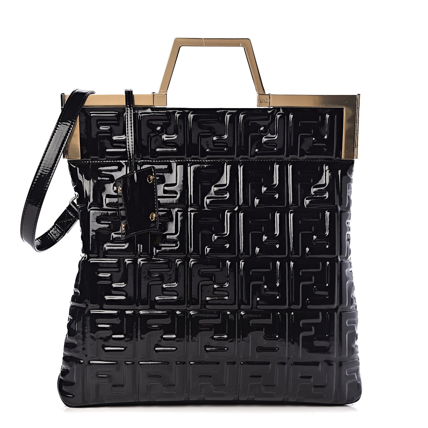 Patent FF 1974 Embossed Medium Shopping Flap Bag Black
