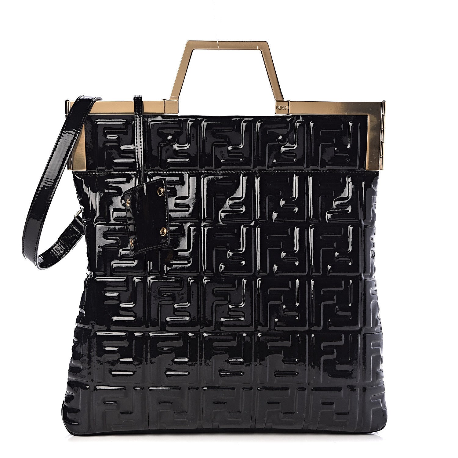 Fendi Patent FF 1974 Embossed Medium Shopping Flap Bag Black 1 of 10