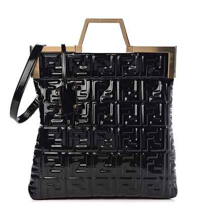 Fendi Patent FF 1974 Embossed Medium Shopping Flap Bag Black 1 of 10