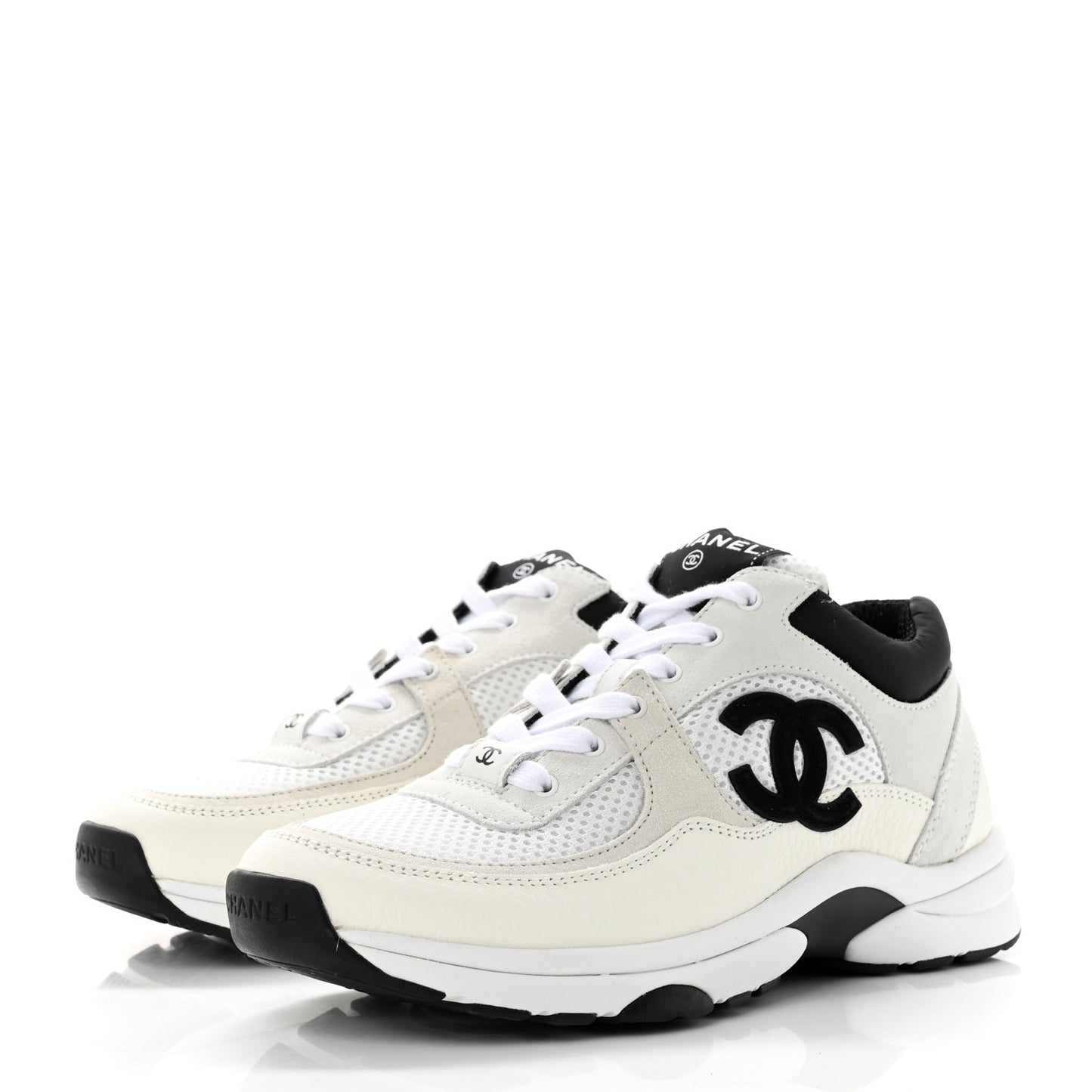 Mesh Suede Calfskin Grained Calfskin Womens CC Sneakers 37.5 White Black