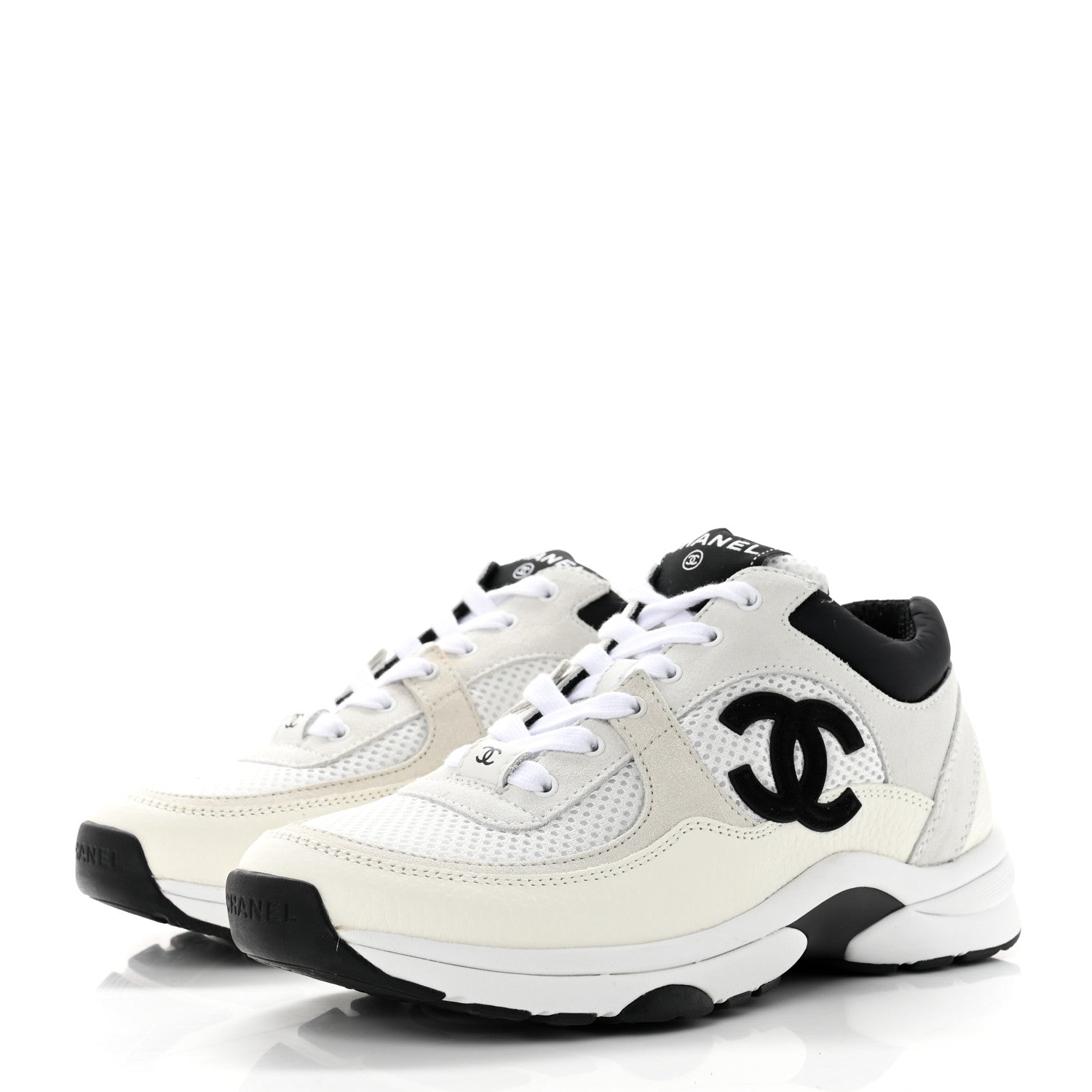 Chanel Mesh Suede Calfskin Grained Calfskin Womens CC Sneakers 37.5 White Black 3 of 7
