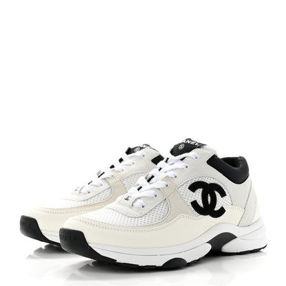 Chanel Mesh Suede Calfskin Grained Calfskin Womens CC Sneakers 37.5 White Black 3 of 7