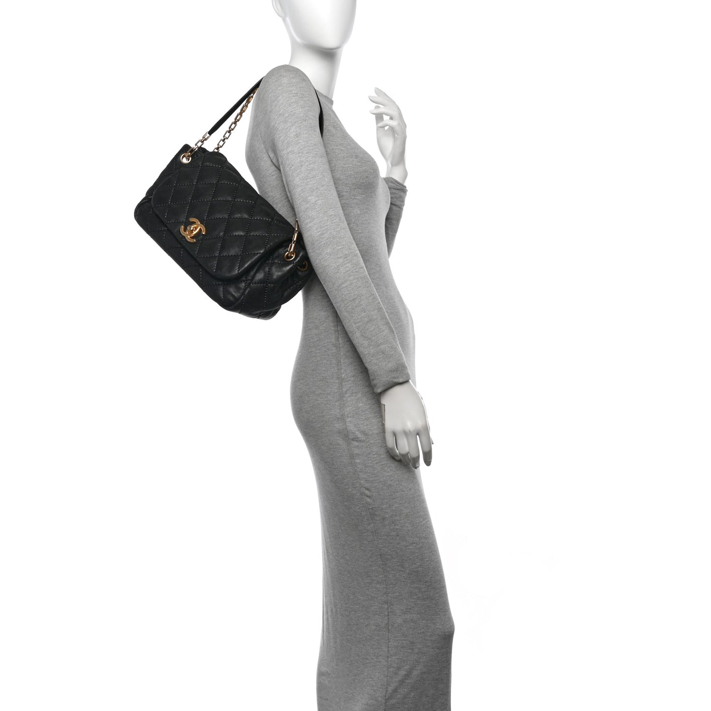 Calfskin Quilted Retro Chain Flap Black