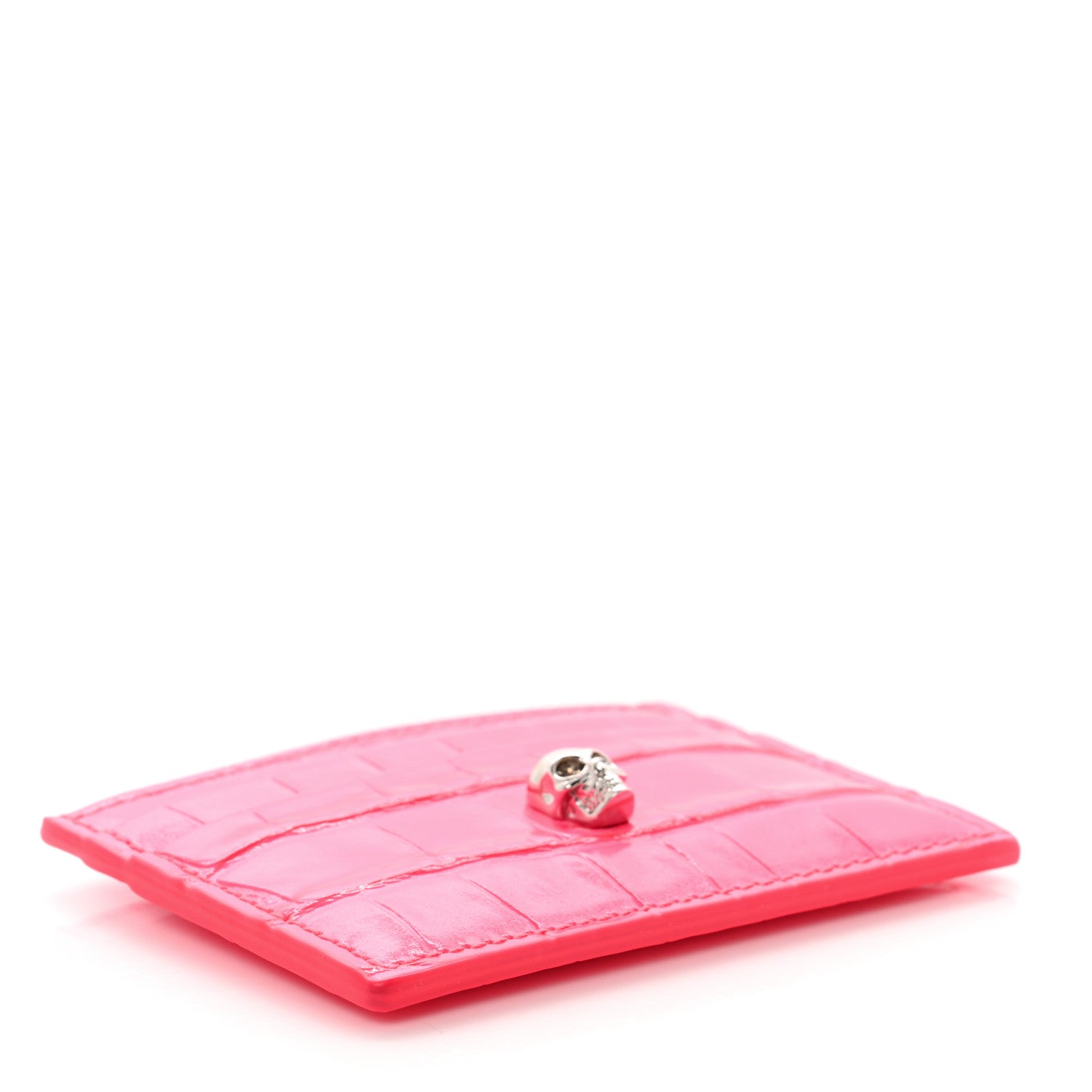 Alexander McQueen Calfskin Crocodile Embossed Skull Card Holder Neon Pink 4 of 8