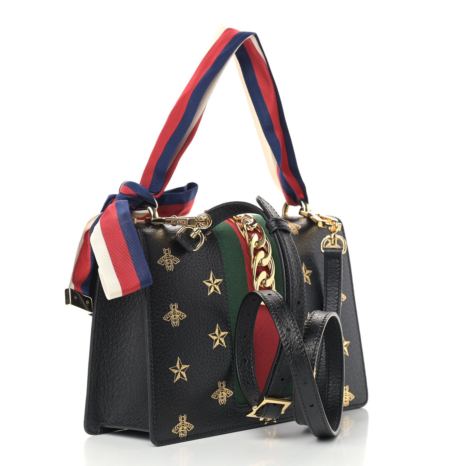 Gucci Textured Calfskin Bee Star Print Small Sylvie Shoulder Bag Black 3 of 10