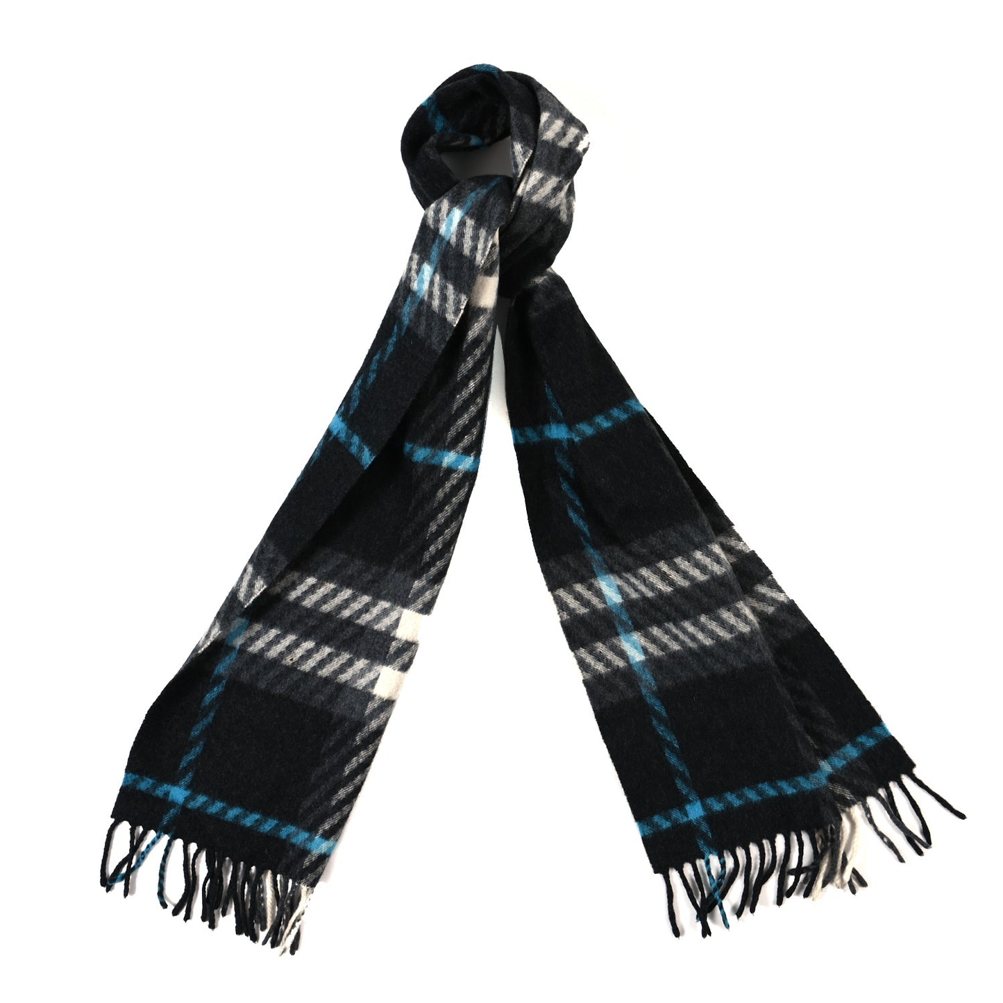 Cashmere Check Striped Fringe Scarf Dark Grey Blue