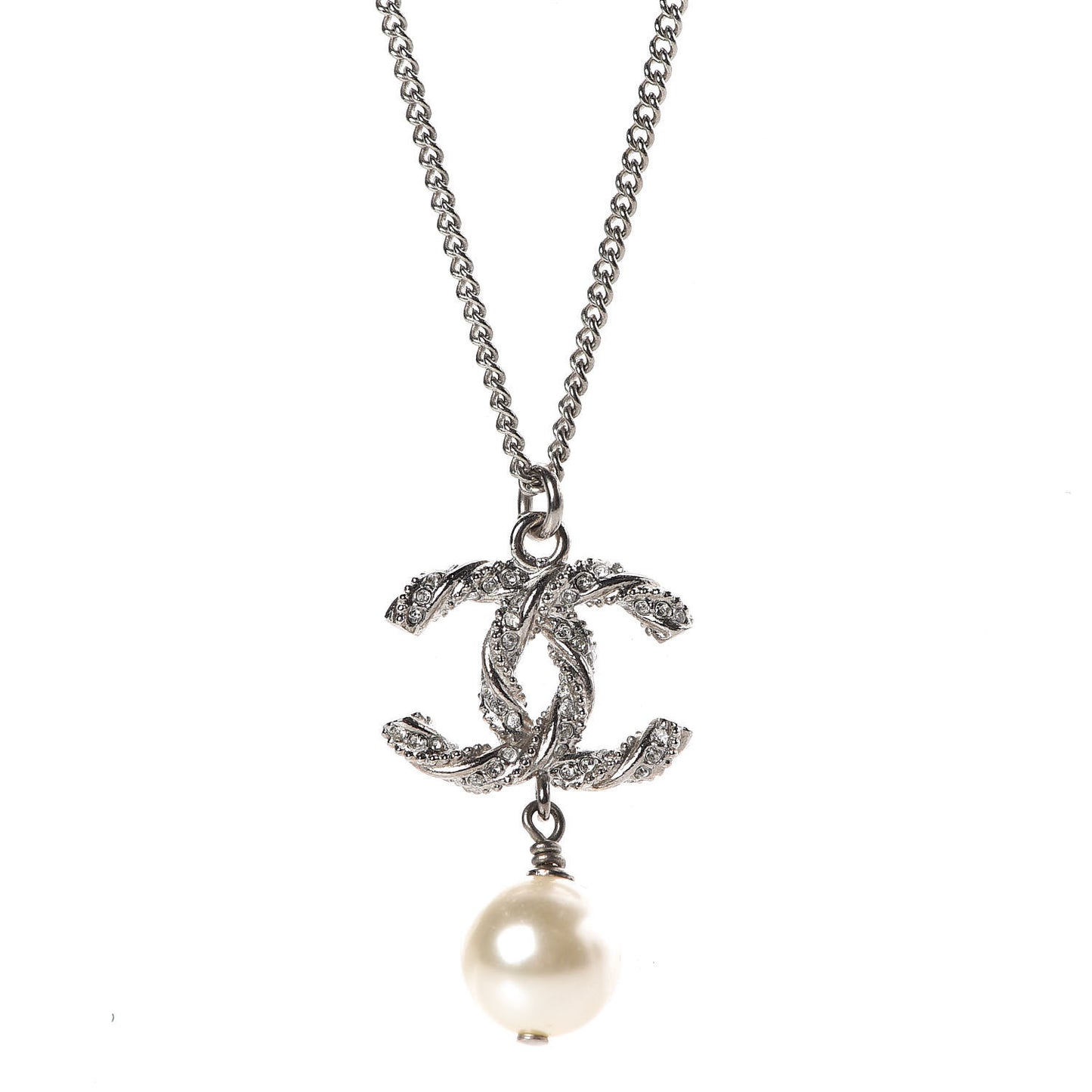 Crystal Pearl Twisted CC Drop Necklace Silver