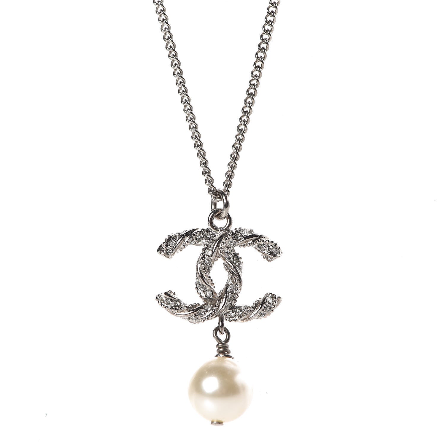 Chanel Crystal Pearl Twisted CC Drop Necklace Silver 4 of 6