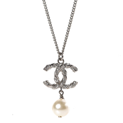 Chanel Crystal Pearl Twisted CC Drop Necklace Silver 4 of 6