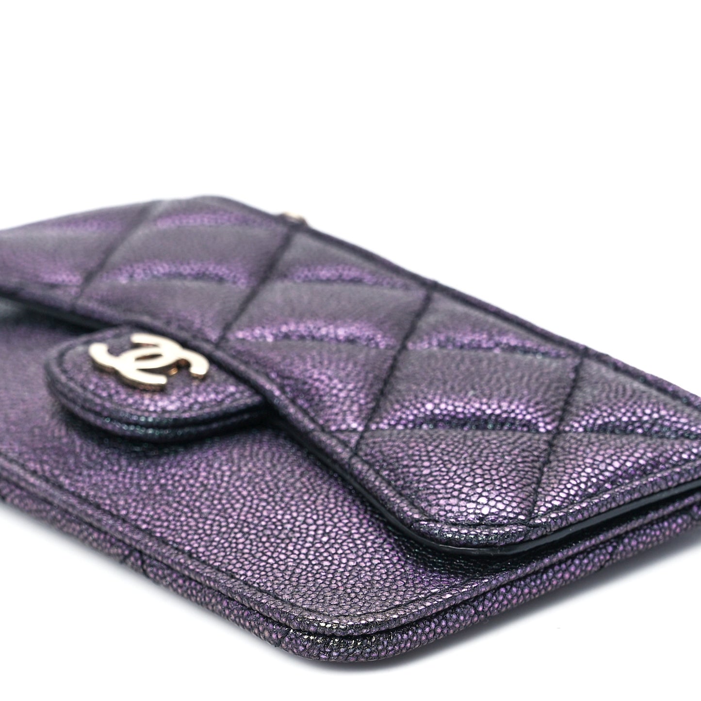 Iridescent Caviar Quilted Flap Zip Card Holder Black