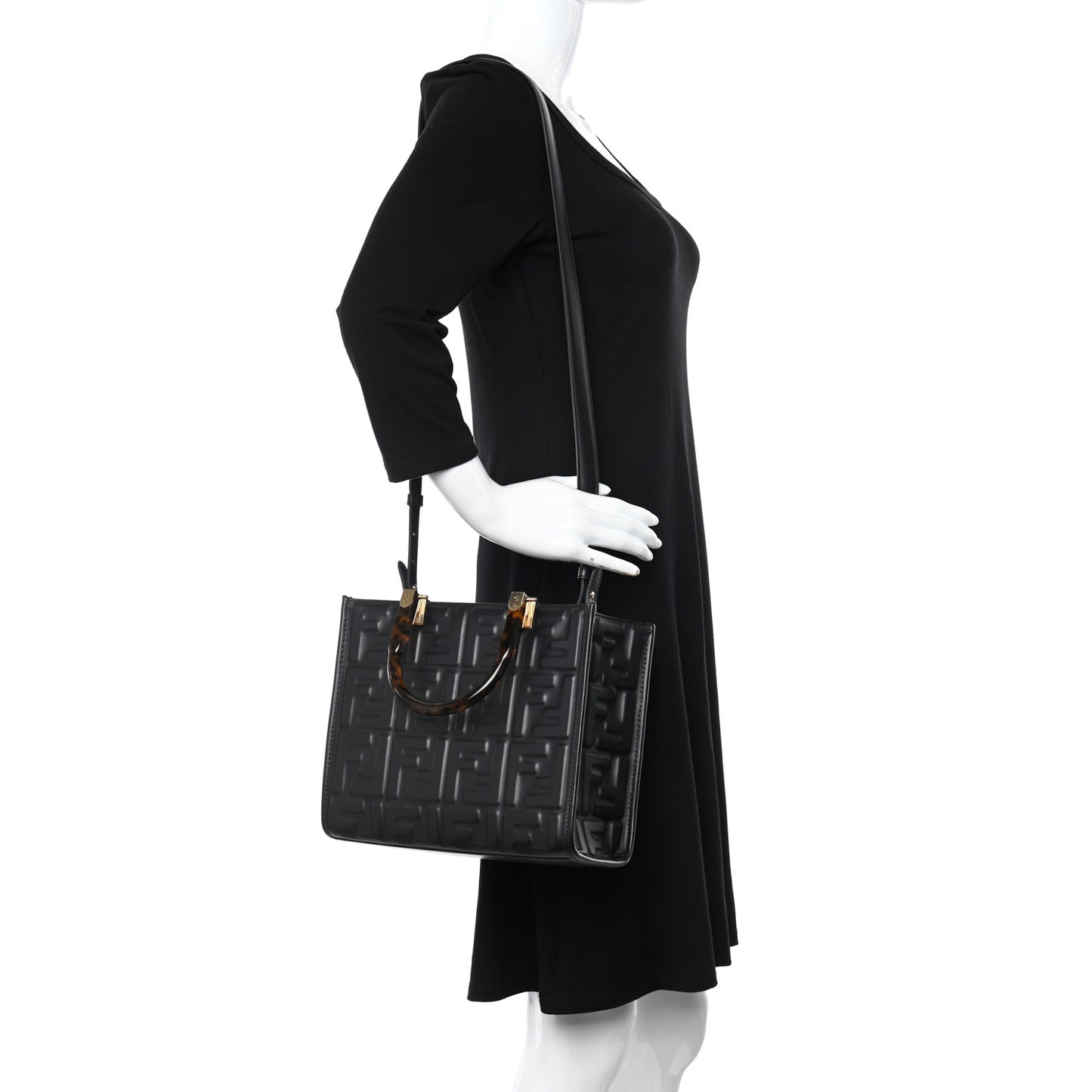 Vitello Plexiglass FF Embossed Small Fendi Sunshine Shopper Tote Black
