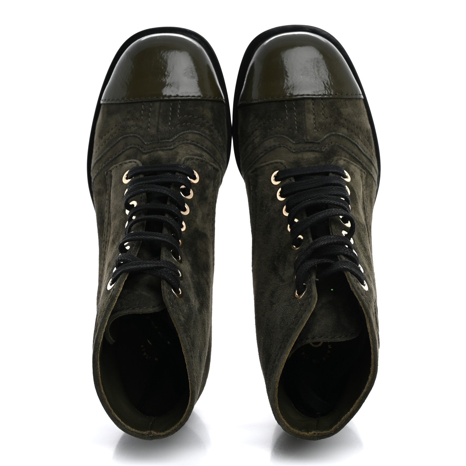 Chanel Suede Patent Cap Toe CC Boots 35.5 Khaki 2 of 10