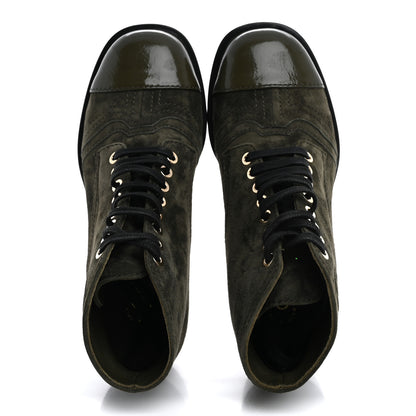 Chanel Suede Patent Cap Toe CC Boots 35.5 Khaki 2 of 10