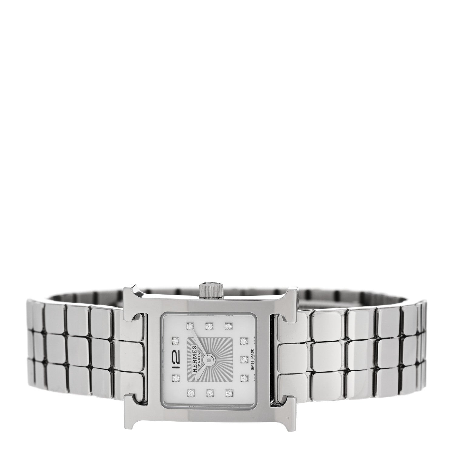 Hermes Stainless Steel Diamond Mother of Pearl 17.2mm Heure H Hour Quartz Watch 2 of 5