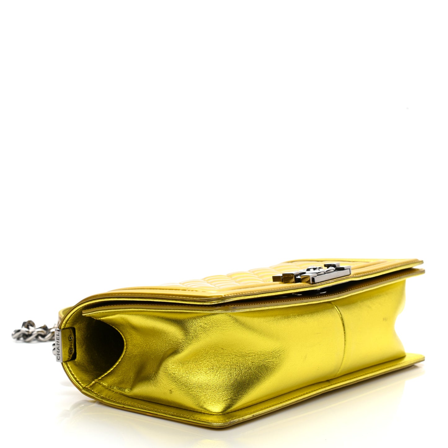 Metallic Patent Calfskin Quilted Medium Boy Flap Gold